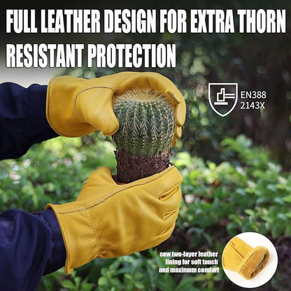 OZERO Leather Work Gloves for Men, Cowhide Gardening Gloves with Reinforced Palm, Flexible Keystone Thumb, Elastic Wrist