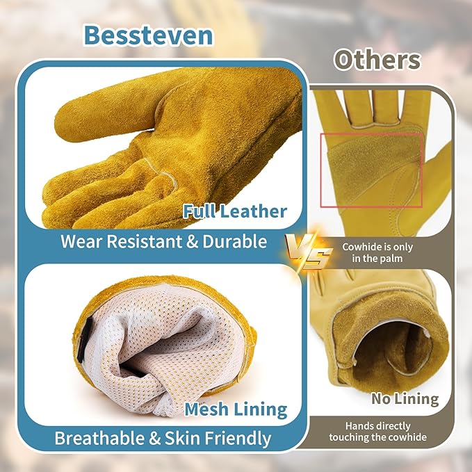 Leather Gardening Gloves for Men Women: Thorn Proof Cowhide Work Gloves for Yard Work Rose Pruning Heavy Duty