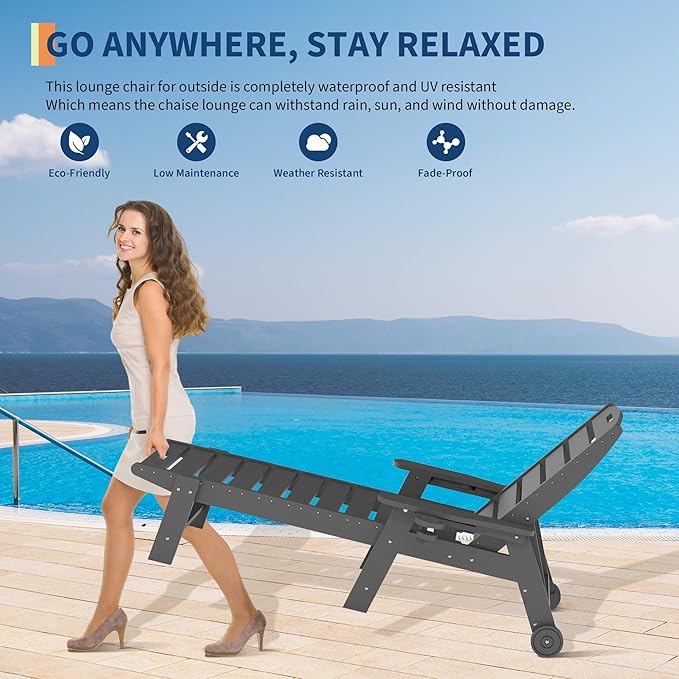 PeakPursuit HDPE Chaise Lounge Outdoor with Rolling Wheels, Oversize 5-Position Patio Lounge Chair with Cup Holder, Resin Pool Lounger Chair