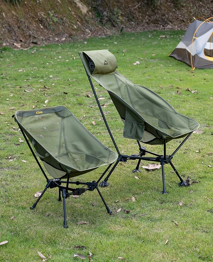 iClimb Ultralight Compact Camping Folding Beach Chair with Anti-Sinking Large Feet (Black - Triangular Frame High Back)