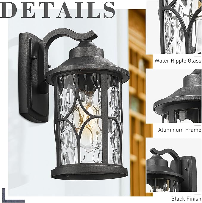 zeyu 2 Pack Patio Wall Light Fixture, 12 Inch Outdoor Modern Wall Lights, Die-Cast Aluminum, Black Finish with Water Ripple Glass, ZX48BWG-2PK BK