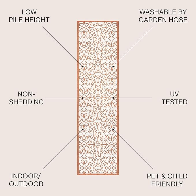 JONATHAN Y Vintage Filigree Indoor Outdoor Runner Rug 2X8 Cream/Orange, Madrid Textured Weave for Backyard, Patio, Porch, Easy-Cleaning, High Traffic, Pet-Friendly, Non-Shedding (SMB107L-28)