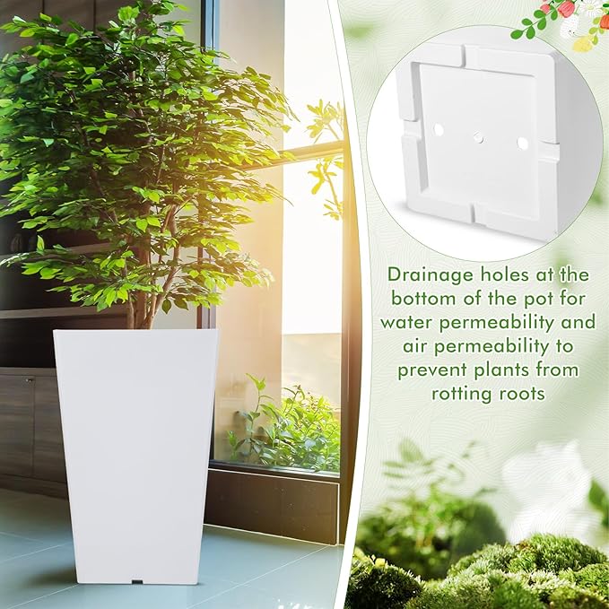 Set of 2 15.75 Inch Large Taper Planters Outdoor Indoor Tall Resin Flower Pots with Drainage Holes Modern for Front Door Patio Backyard Plants(White)