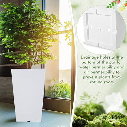 Set of 2 15.75 Inch Large Taper Planters Outdoor Indoor Tall Resin Flower Pots with Drainage Holes Modern for Front Door Patio Backyard Plants(White)