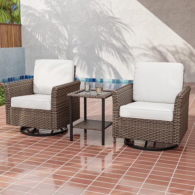 Canyon Ridge 3 Piece Outdoor Patio Bistro Set with Swivel Rocking Chairs and Side Table, Outdoor Furniture Set, Brown/Beige
