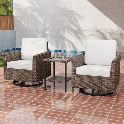 Canyon Ridge 3 Piece Outdoor Patio Bistro Set with Swivel Rocking Chairs and Side Table, Outdoor Furniture Set, Brown/Beige