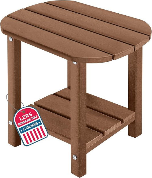 LZRS 2-Tier Patio Side Table, Heavy Duty HDPE Outdoor End Table with Wood Texture, Weatherproof Composite Table for Adirondack Chairs, Deck, Pool, Indoor/Outdoor, No Peeling Cracking(Brown)