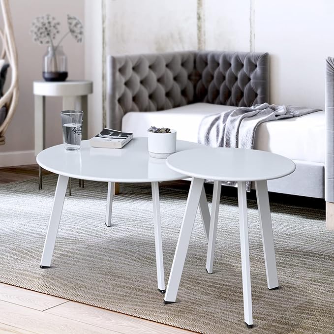 Meluvici Outdoor Patio Coffee Table Set of 2, Weather Resistant End Table, Round Nesting Tables for Living Room Balcony Office, White