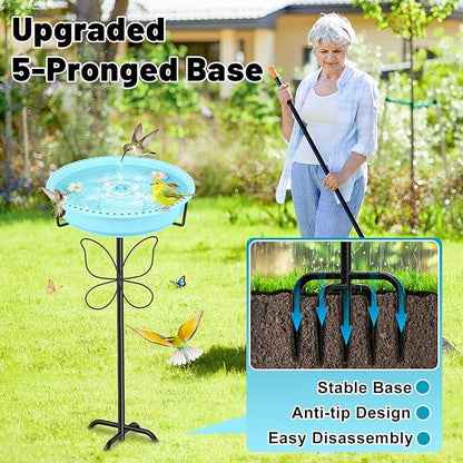 37In Bird Bath for Outside, 2-in-1 Birdbath & Birdfeeder with Detachable Plastic Bowl, Metal Butterfly Stake & Sturdy 5-Pronged Base for Outdoor Garden Yard Decor (Blue)