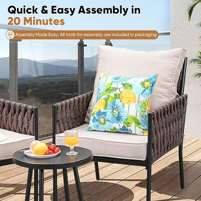Patio Furniture Set, 3-Piece Wider Outdoor Metal Seating Sofa with High Back, Coffee Ta ble, All Weather Rattan Conversation for Garden,Backyard, Poolside-Beige