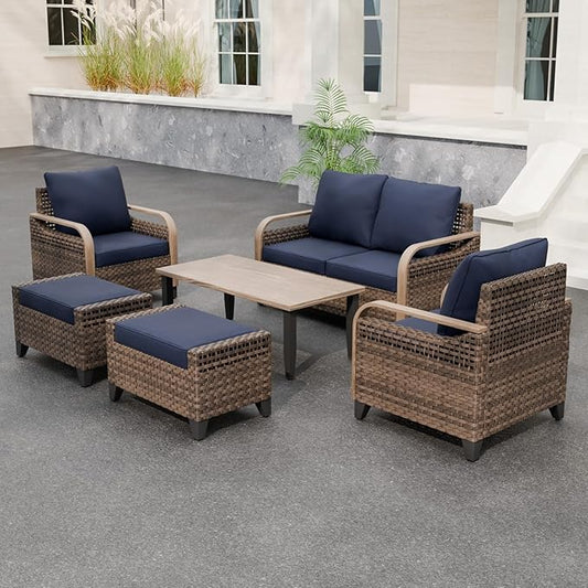 Modern Wicker Patio Furniture Set, Rattan Outdoor Conversation Set with Comfortable Cushions, 2 Patio Chairs, 2 Seat Loveseat, 2 Ottomans and Coffee Table, 6 Pieces, Brown/Blue