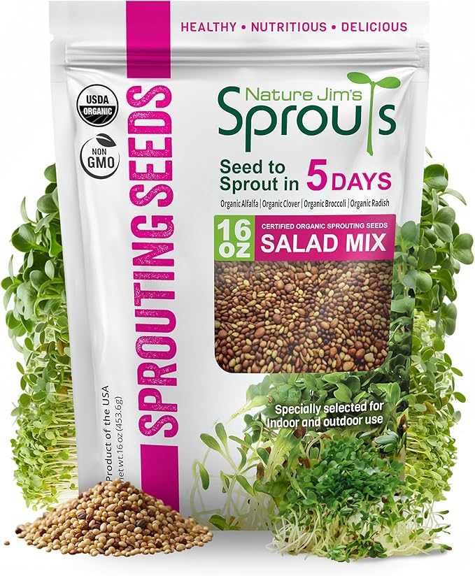 Nature Jim’s Sprouts Organic Salad Mix – Non-GMO Microgreen Seeds, Perfect for Growing Nutritious Organic Broccoli, Alfalfa, Radish & Clover Sprouts – Easy Indoor/Outdoor Home Sprouting Seeds – 1lb