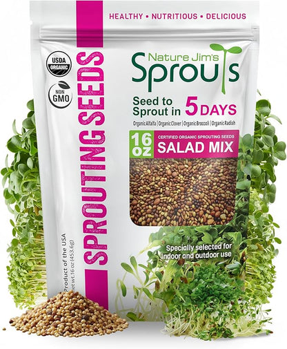 Nature Jim’s Sprouts Organic Salad Mix – Non-GMO Microgreen Seeds, Perfect for Growing Nutritious Organic Broccoli, Alfalfa, Radish & Clover Sprouts – Easy Indoor/Outdoor Home Sprouting Seeds – 1lb