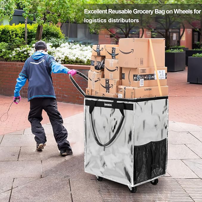 (Large,Silver)Reusable Grocery Bag on Wheels, Foldable Rolling Tote, Carries Up to 76 lbs Shopping Trolley, Zipper Clouser Shopping Carts for Trips, Laundry, 5 Heavy Duty Wheels and 3 Handles