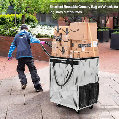 (Large,Silver)Reusable Grocery Bag on Wheels, Foldable Rolling Tote, Carries Up to 76 lbs Shopping Trolley, Zipper Clouser Shopping Carts for Trips, Laundry, 5 Heavy Duty Wheels and 3 Handles