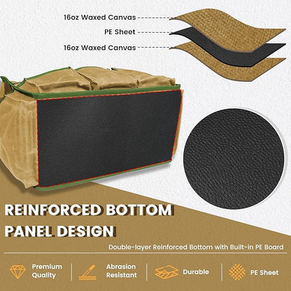 Canvas Tool Bag, 16OZ Waxed Canvas Tool Tote Bag with Metal Zipper & 12-Pocket Design, Multi-Purpose Garden Tool Storage Tote for Electrician Gardener Plumber | Khaki | 14.5"L x 7.5"W x 10"H
