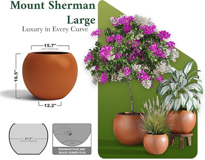 DTY Signature Mount Sherman Modern Indoor Outdoor Fiberstone Sphere Planter, Durable Round Garden Pot, Weather Resistant, Drainage Hole & Rubber Plug, Planter for Christmas Tree - Small, Terracotta