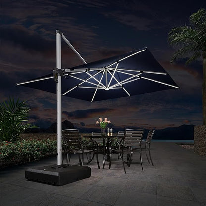 PURPLE LEAF 11 Feet Solar Powered LED Square Cantilever Umbrella With Base Patio Umbrellas Windproof Hanging Umbrella Outdoor Offset Umbrellas, Navy Blue