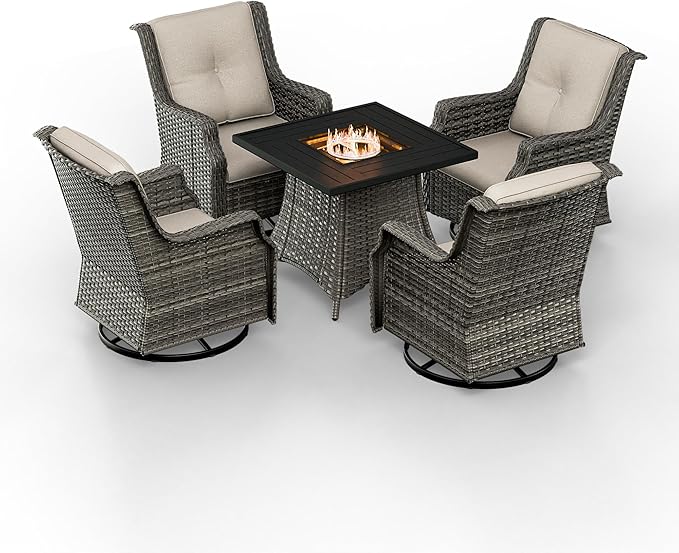 5-Piece Patio Furniture Set Includes 4 Swivel Rocker Chair and 1 Fire Pit, Wicker Conversation Set with Cushion Beige