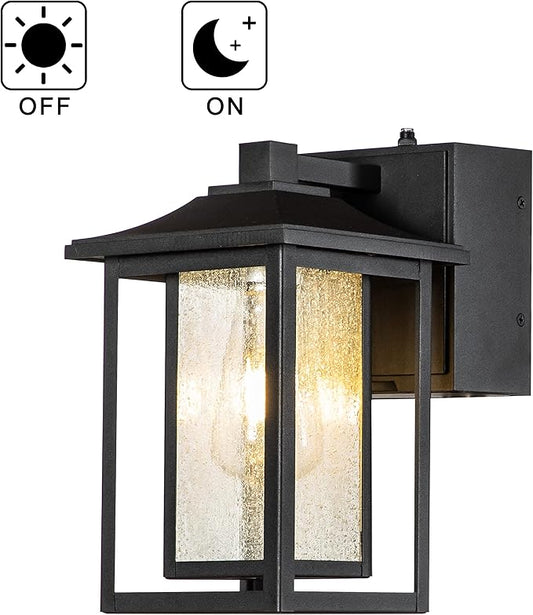 ALOADECOR 1 Light Black Exterior Light Dusk to Dawn Sensor Outdoor Lights Garage Wall Lights with Seeded Glass Front Porch Light Fixtures with GFCI Outlets for Outside Garden Porch Patio