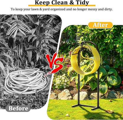 Garden Hose Holder with Pattern Heavy Duty Freestanding Holds 150ft | Auto-Grade Coat, Wide Base: No-tip yard stand. Drill-free: grass/decks. Tool-free twist, top tray for nozzles.