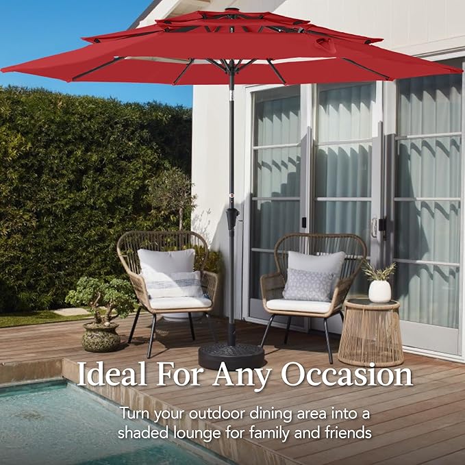 Best Choice Products 10ft 3-Tier Market Patio Umbrella, Outdoor Sun Shade with Tilt, Crank Lift, 8 Ribs for Backyard, Deck, Poolside – Red
