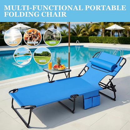 3-in-1 Sun Tanning Chair with Face Holes, Folding Chaise Lounge Chairs, 5-Position Adjustable Lounge Chair Outdoor with 2 Side Pocket & Pillow, for Pool Beach, Patio, Camping, Blue