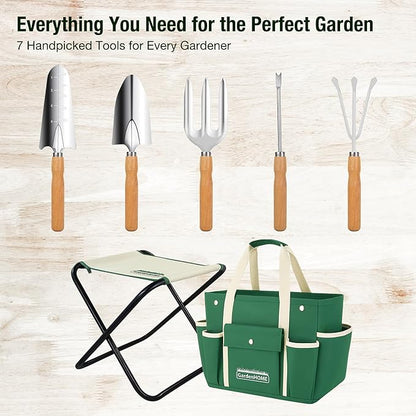 GardenHOME 7-Piece Green Gardening Tool Set – Stainless Steel Tools with Wooden Handles, Folding Stool & Canvas Tote, Durable Garden Kit for Every Gardener
