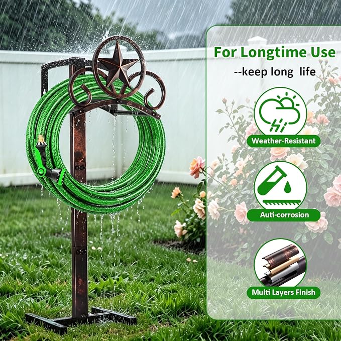 Garden Hose Holder Stand, Decorative Vintage Rustic Hose Rack with Star Design, Heavy Duty 41" Tall Metal Hose Storage for Yard/Lawn/Farm, Freestanding Hose Holder Holds up to 160Ft Hose