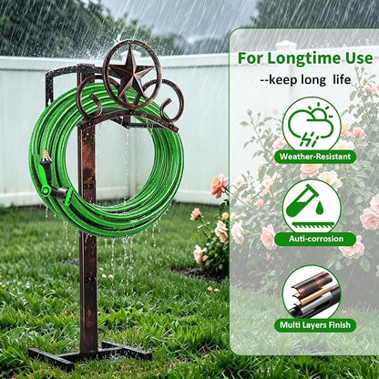 Garden Hose Holder Stand, Decorative Vintage Rustic Hose Rack with Star Design, Heavy Duty 41" Tall Metal Hose Storage for Yard/Lawn/Farm, Freestanding Hose Holder Holds up to 160Ft Hose
