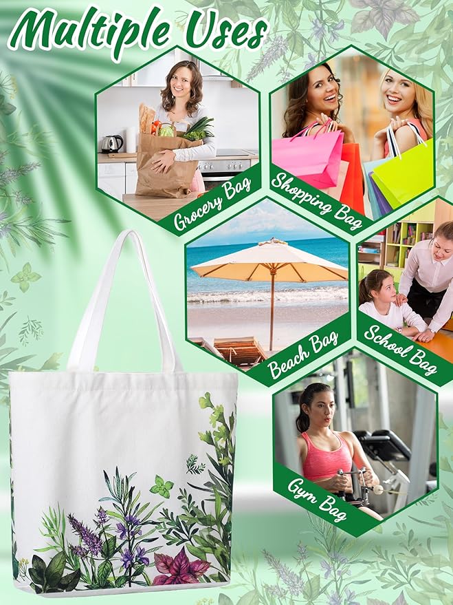 Bencailor 2 Pcs Spring Flower Canvas Tote Bags Reusable Wildflowers Herbs Plant Grocery Bags for Women Shopping Spring Gifts(Herbs)
