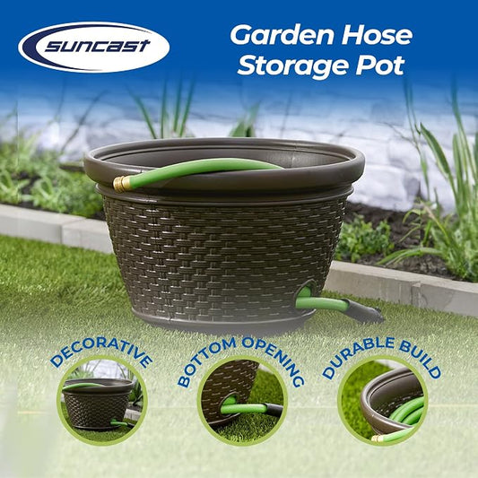 Suncast 3 Pack Decorative Wicker Garden Hose Holder Pot with 4 Drain Holes for 100 Foot Hoses, Java