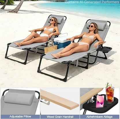 Beach Lounge Chairs with Armrests, 4-Position Folding Lounge Chairs for Outside, Sunbathing Portable Lounge Chaise, Tanning Chair Pillow & Cup Holder, for Outside Beach Pool (Grey)