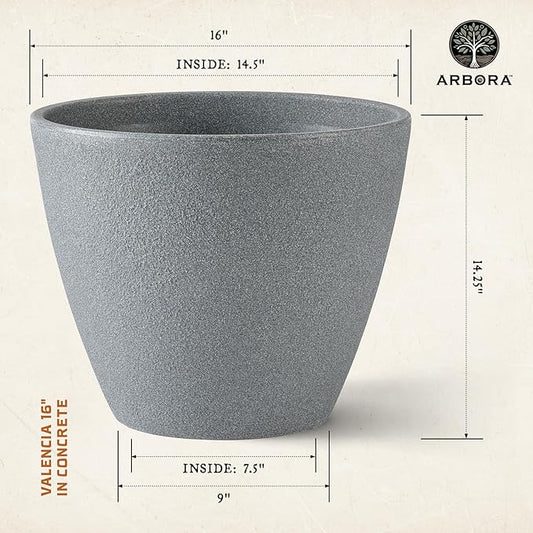 ARBORA 16" Valencia Polyresin Indoor and Outdoor Planter with Stone Blend Concrete Gray Finish - Durable, Weatherproof, Lightweight, Large Plant Pot for Patio, Garden, Deck, Entryway
