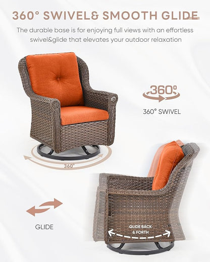 Outdoor Patio Swivel Gliders with Fire Pit Table 5 Piece Set - High Back Brown Wicker Rattan Rocking Chair with Thick Cushion for Porch Apartment Deck Yard Poolside Garden - Orange