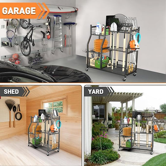 TORACK Garden Tool Organizer with Wheels, Rakes Shovels Yard Tools Stand for Garage, Shed, Garden, Indoor/Outdoor Long-Handled Tools Cart