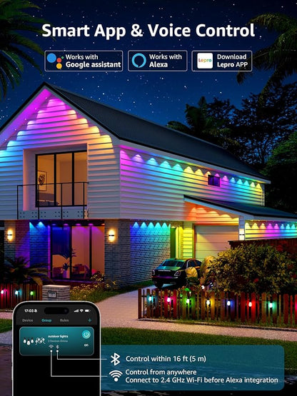 Lepro E1 AI Permanet Outdoor Lights, 100ft 60 LED RGB+IC+Warm/Cool White Smart Outside Light for House Christmas Decor, Alexa Google Enabled, 2.4 GHz WiFi/Bluetooth, APP Control NO Remote Controller