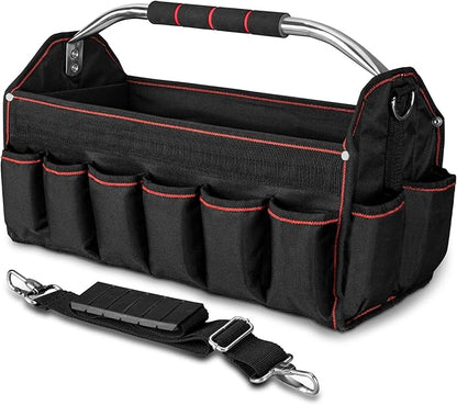 HAUTMEC 18" Foldable Tool Tote, Open Top Tool Bag with Removable Divider & Stiff Frame, 23-Pockets Electrician Tool Bag with Padded Steel Handle, Shoulder Strap & Water-Resistant Hard Base – HT0020