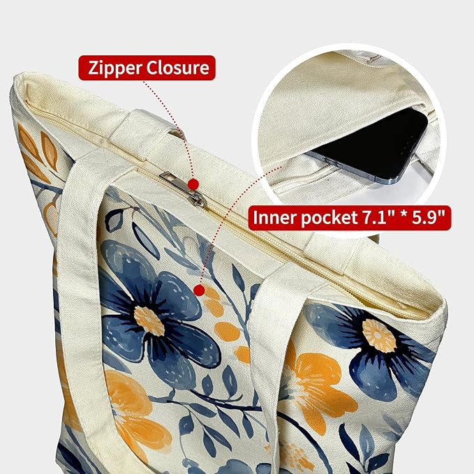 itgowisa Canvas Tote Bag for Women, Tote Bag with Zipper Inner Pocket, Zippered Canvas Bag for Shopping Work Grocery Everyday
