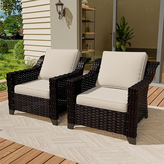 VistaVibe 2 Pieces Outdoor Armchairs, Patio Conversation Furniture Set, Washable Cushions, Luxurious Hand-Woven PE Rattan, Garden, Bistro, Deck, Backyard (Brown/Beige)