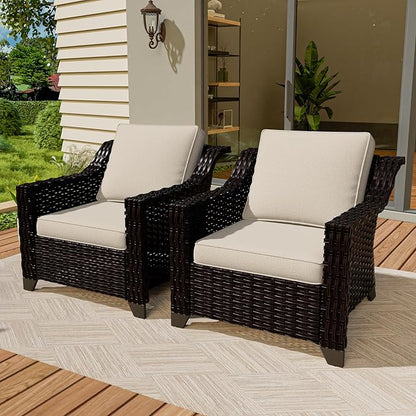 VistaVibe 2 Pieces Outdoor Armchairs, Patio Conversation Furniture Set, Washable Cushions, Luxurious Hand-Woven PE Rattan, Garden, Bistro, Deck, Backyard (Brown/Beige)
