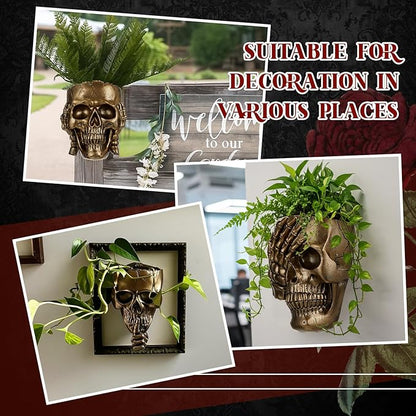 3 Pcs Skull Planter Skeleton Wall Hanging Planter Pot Gothic Spooky Head Face Flower Pot Garden Decor for Festival Party Indoor Outdoor Plants Home Garden Office Decorations(Gold)