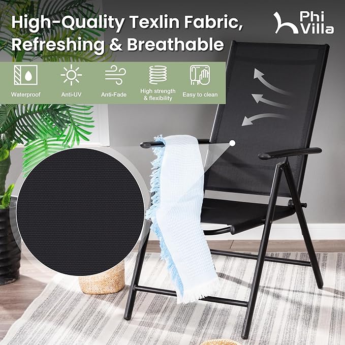 PHI VILLA 5 Piece Patio Dining Set with 10FT Umbrella (Beige), Outdoor Table and Chairs Set with Patio Folding Dining Chairs & Metal Square Dining Table for Yard Garden Deck