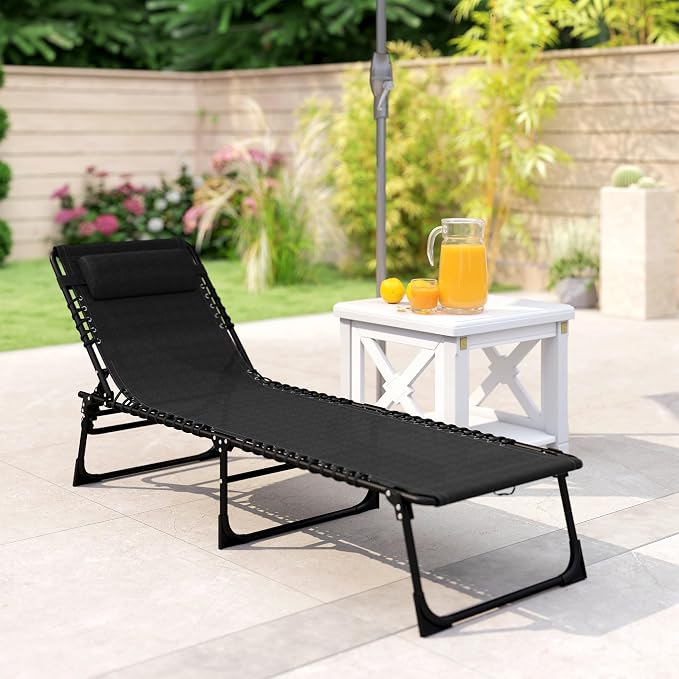 Outsunny Folding Chaise Lounge Chair, Patio Sun Tanning Chair, Outdoor Chaise Lounger with 4-Position Reclining Back, Breathable Mesh Seat for Beach, Poolside, Yard, Black