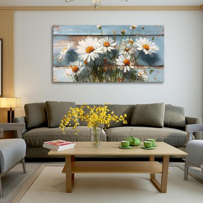 JLXART Watercolor Flowers 24x48inch Wall Art Canvas Decor White Daisy Floral Wood Background Prints Pictures for Kitchen Bedroom Home