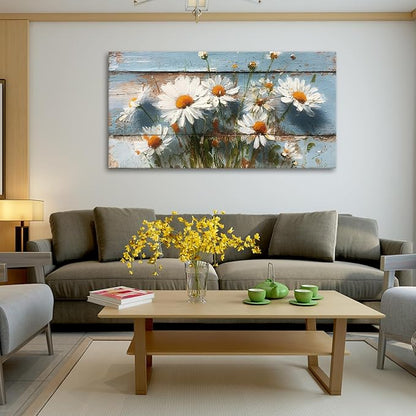 JLXART White Daisy Flowers Large Wall Art 30x58inch Canvas Decor Watercolor Floral Prints on Wood Background Pictures for Kitchen Bathroom Home