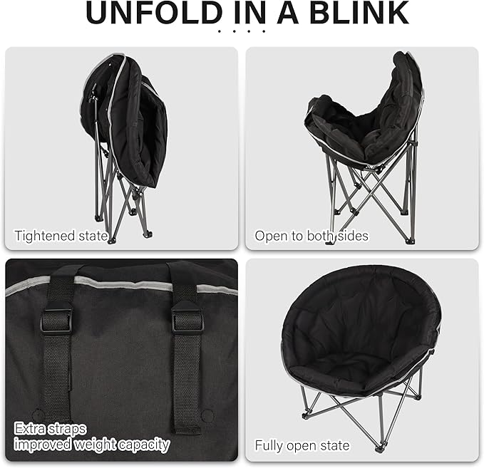 Oversized XXL Folding Round Camping Chair,Super Comfy Padded Moon Camp Chairs,Heavy Duty Supports 400 Lbs Outdoor Lawn Chairs for Adults,Perfect for Indoor,Family Camping,Picnics and Garden,Black