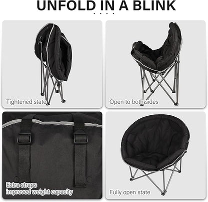 Oversized XXL Folding Round Camping Chair,Super Comfy Padded Moon Camp Chairs,Heavy Duty Supports 400 Lbs Outdoor Lawn Chairs for Adults,Perfect for Indoor,Family Camping,Picnics and Garden,Black