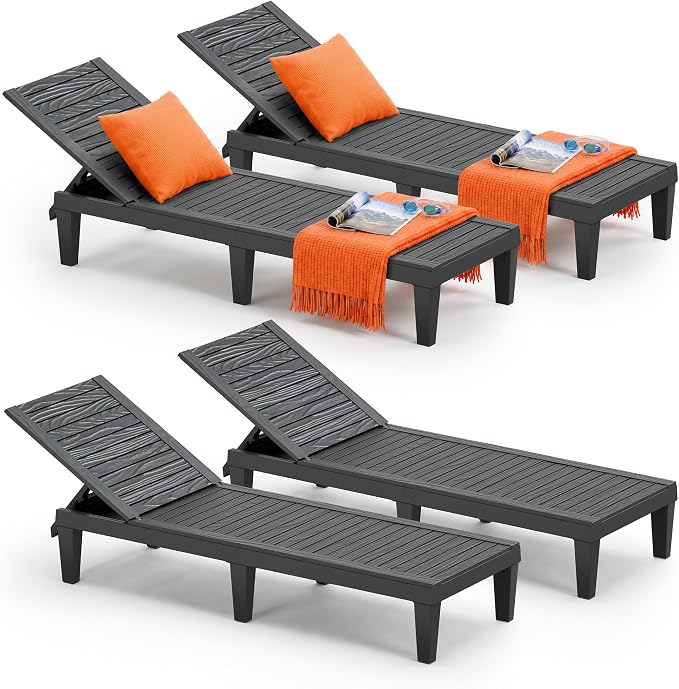 Outdoor Lounge Chairs Set of 4, 5-Position Adjustable Tanning Chairs with Wood Grain, All-Weather Resin Patio Recliners for Pool, Garden, Deck, Beach, Patio Lounge Chairs, Texture Black