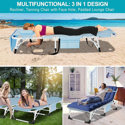 ABORON 3-in-1 Tanning Chair, 5-Position with Face and Arm Holes | 5-position reclining chair includes a removable mat, pillow, face hole and arm slots; folds flat for beach or patio use.